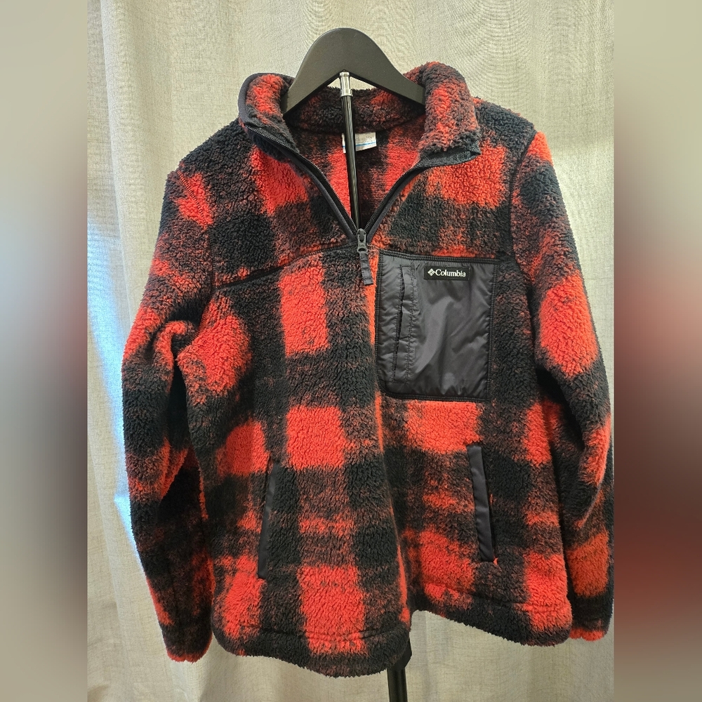 Columbia Red and Black Buffalo Plaid Sherpa Quarter-Zip Pullover